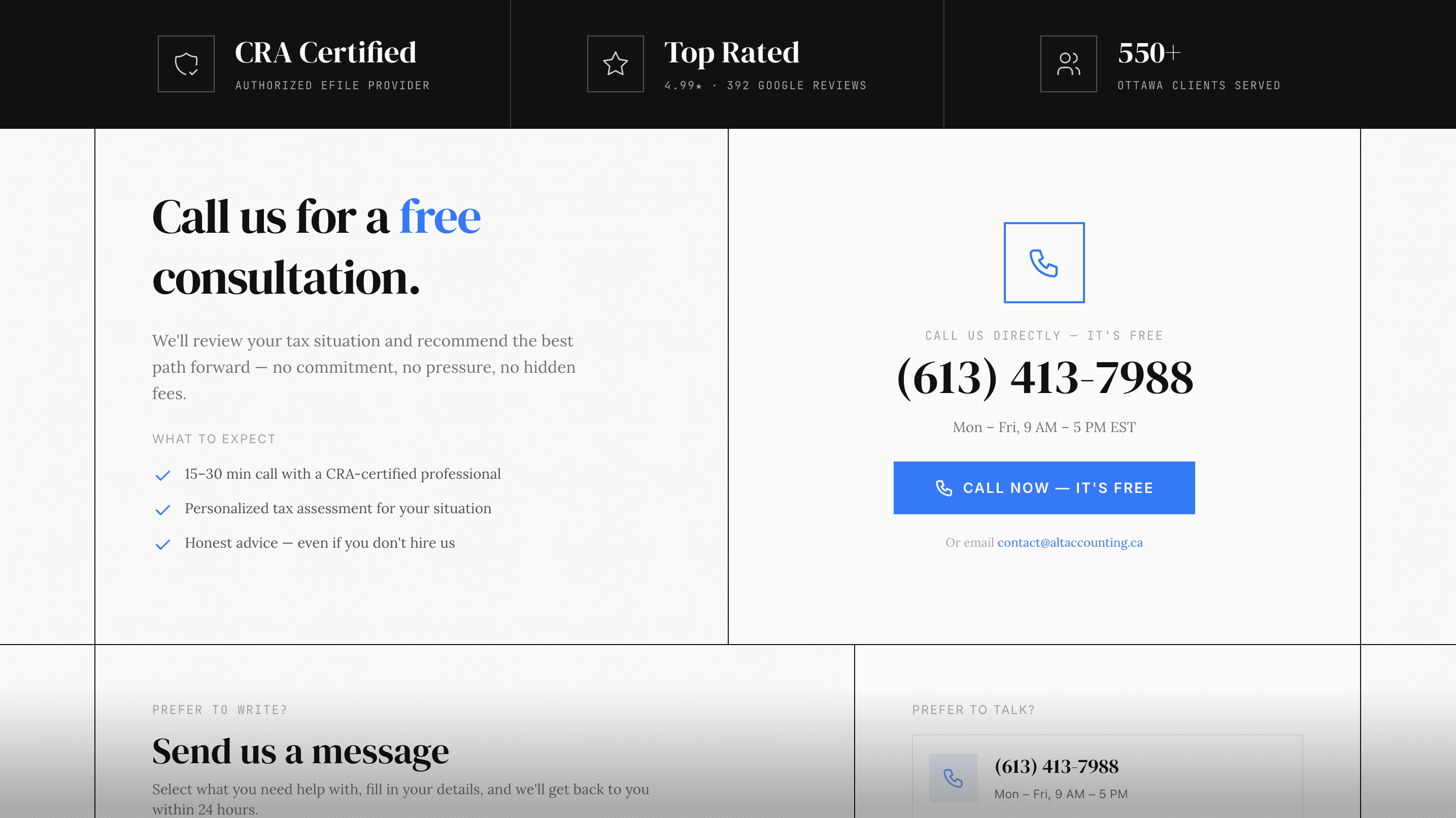 The contact page — every method a visitor might prefer, one screen.