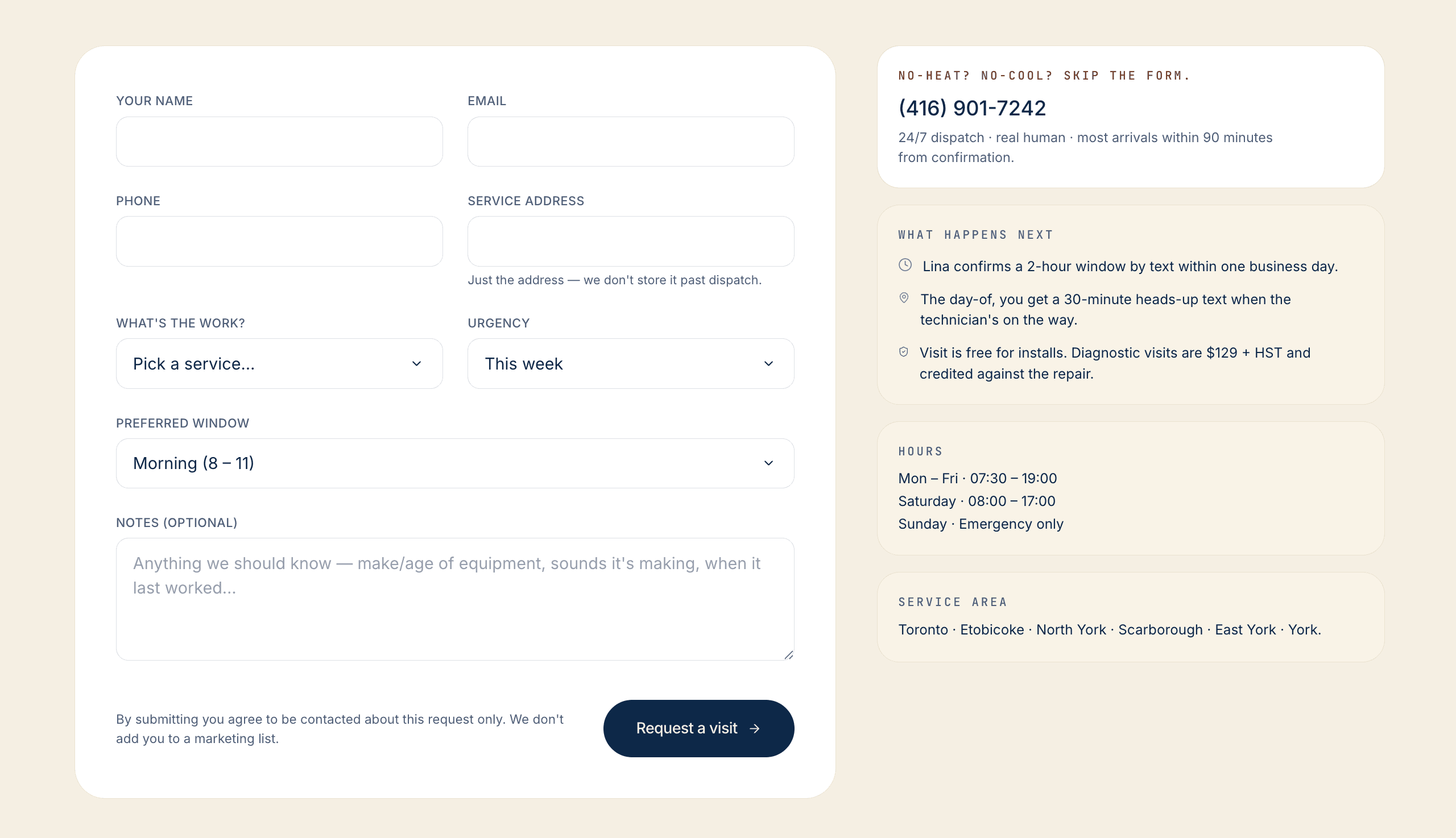A simple request flow, plus the phone option for people who need help now.