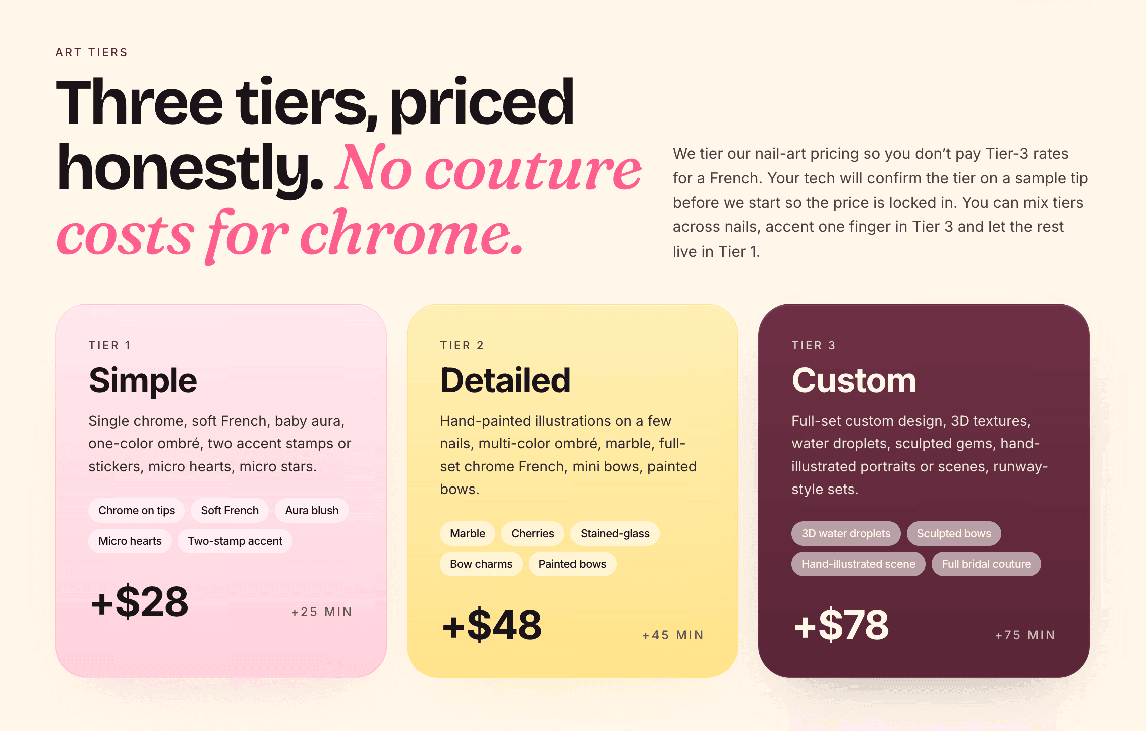 Three art tiers, because chrome should not be priced like couture.