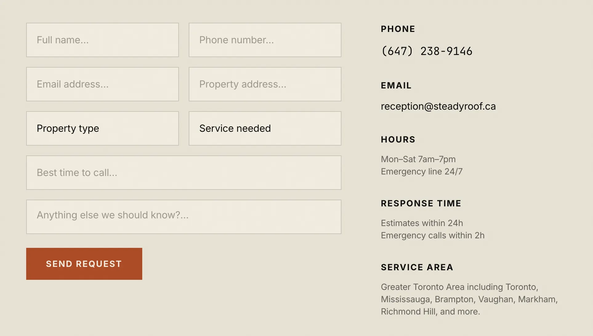 The quote form — everything a roofer needs to call back, nothing more.