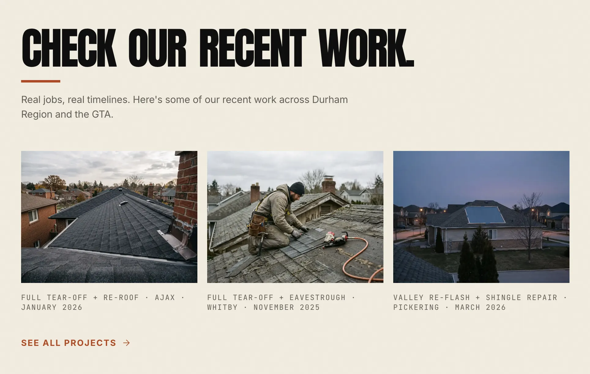 The project gallery — real roofs, real addresses, real timelines.
