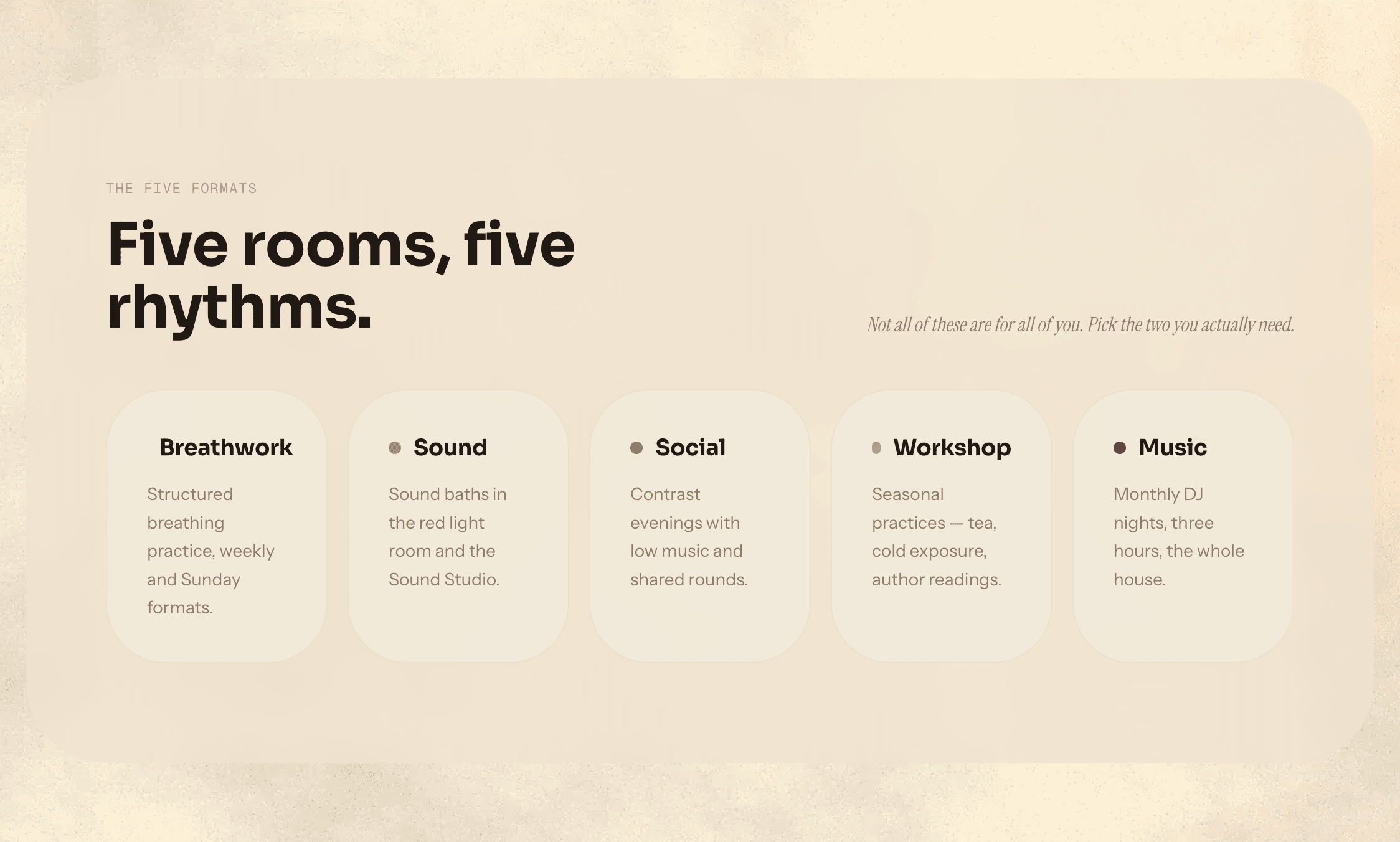 Five event formats give the brand a real cultural calendar, not a placeholder blog.
