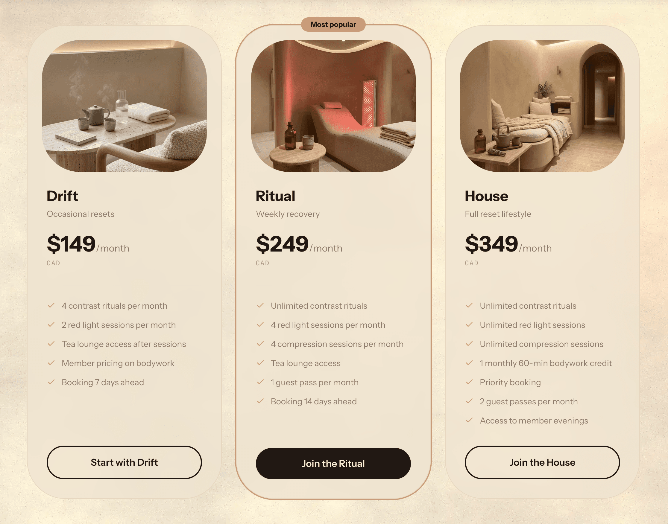 Membership pricing treated as a soft invitation, not a subscription table.