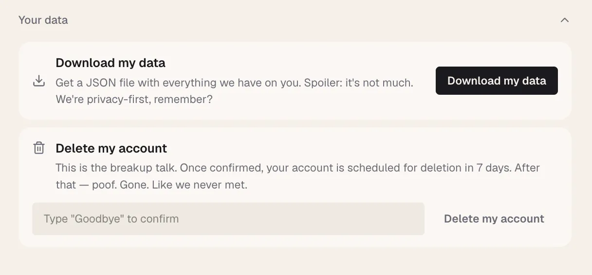 The privacy page, every promise tied to a real product behavior.